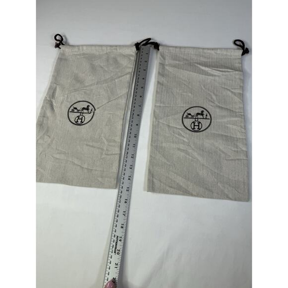 HERMES Dust Bag 2pc Lot Herringbone Beige Cotton Logo Drawstring 8.5x15 Shoe - Picture 4 of 5